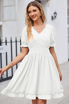 Swiss Dot Frill Trim Flounce Sleeve V-neck Dress (5)