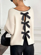 Back Bowknot Decor Round Neck Sweater