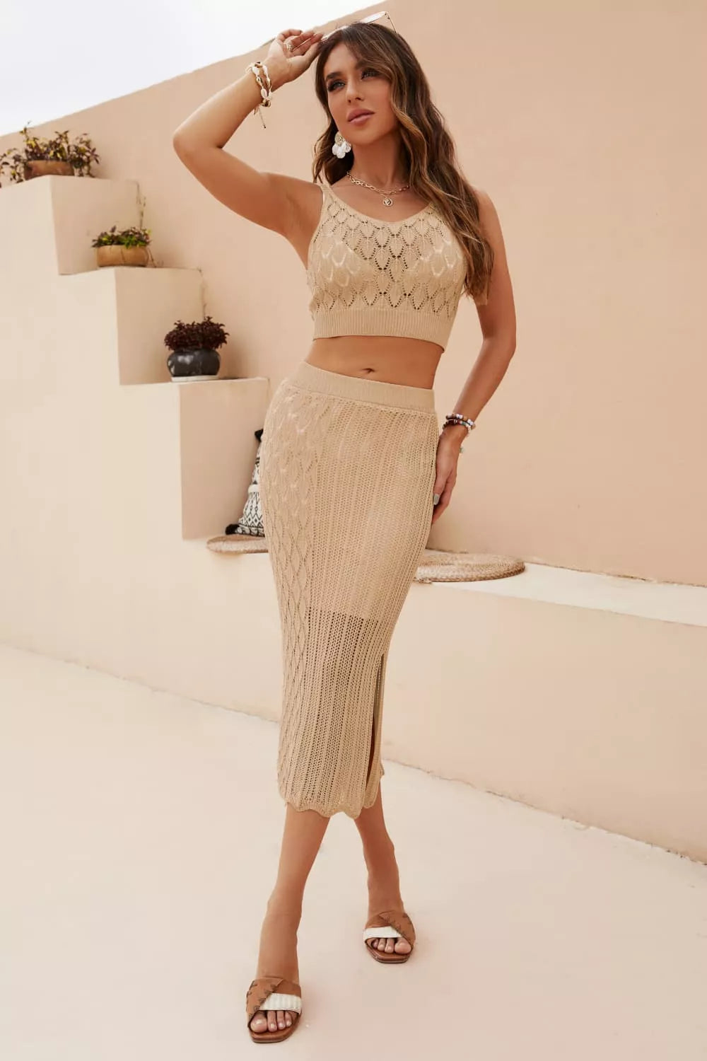 Openwork Cropped Tank Split Skirt Set (3)
