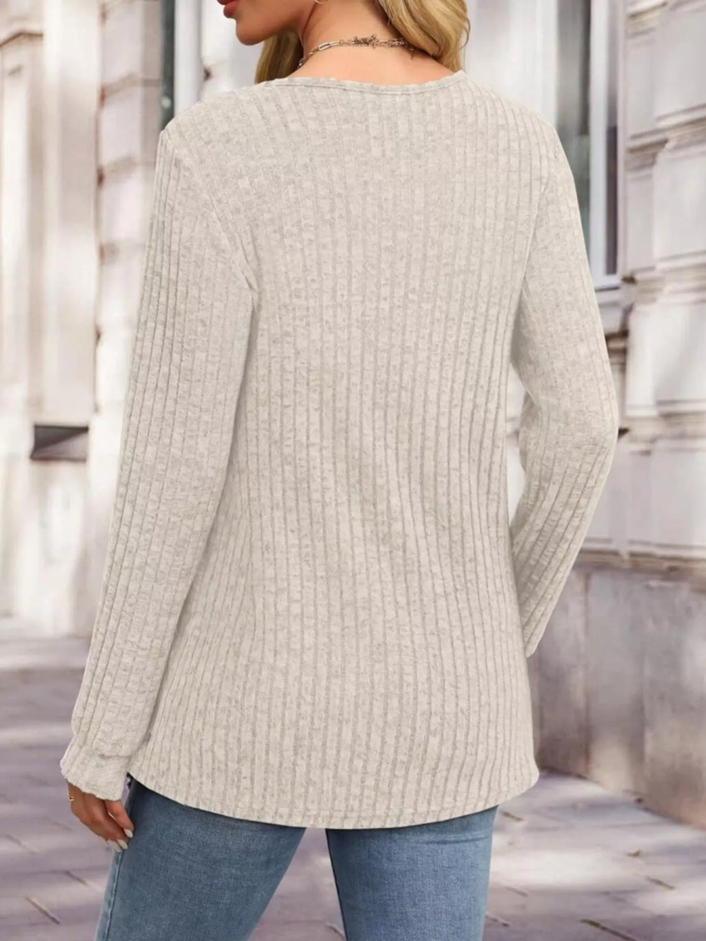 Ribbed Knit Button-front Long Sleeve T-shirt (24)