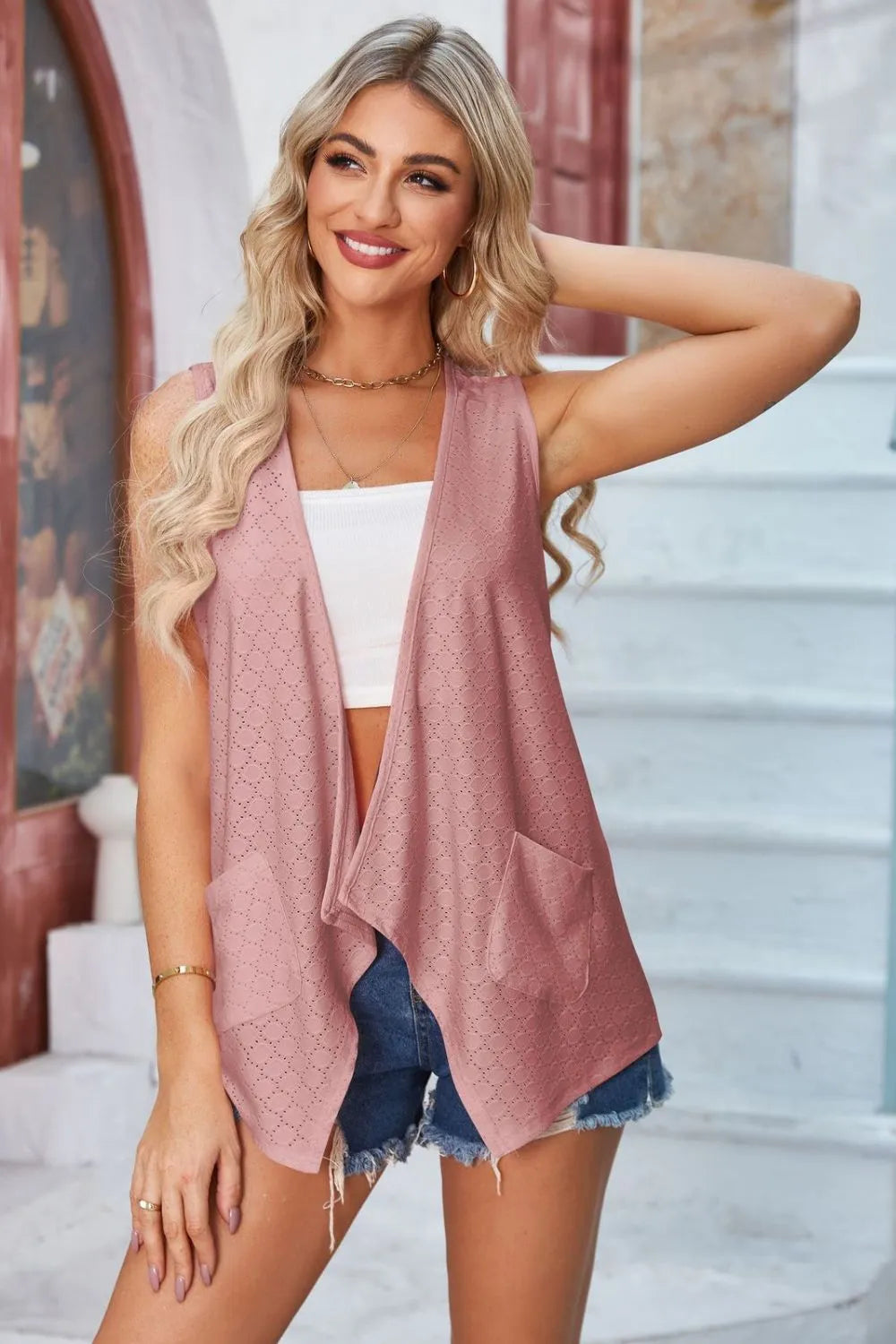 Eyelet Open Front Sleeveless Cardigan (22)