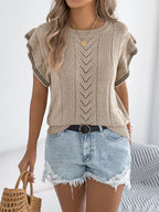 Openwork Round Neck Cap Sleeve Knit Top (14)