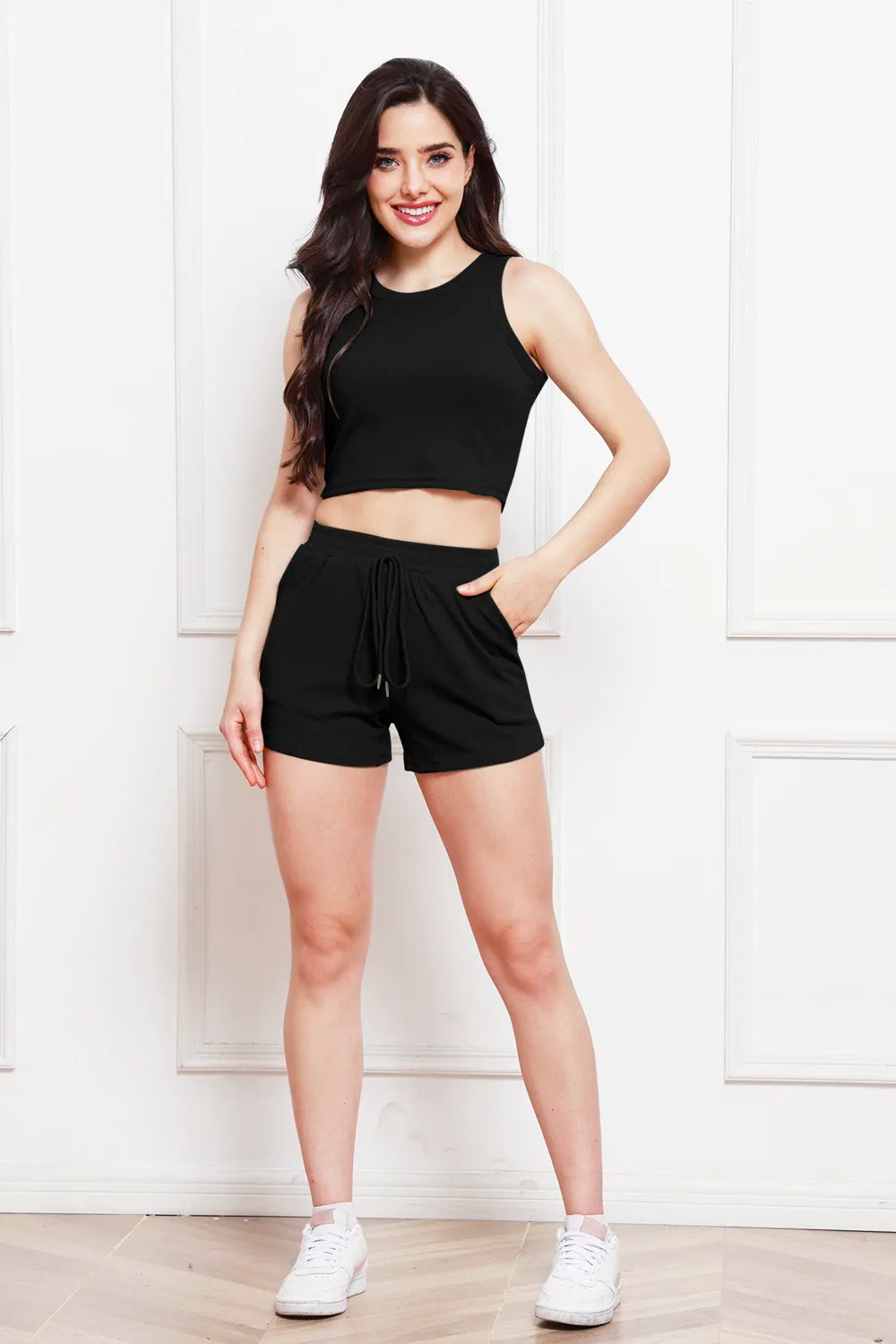 Round Neck Tank Drawstring Shorts Set (4)