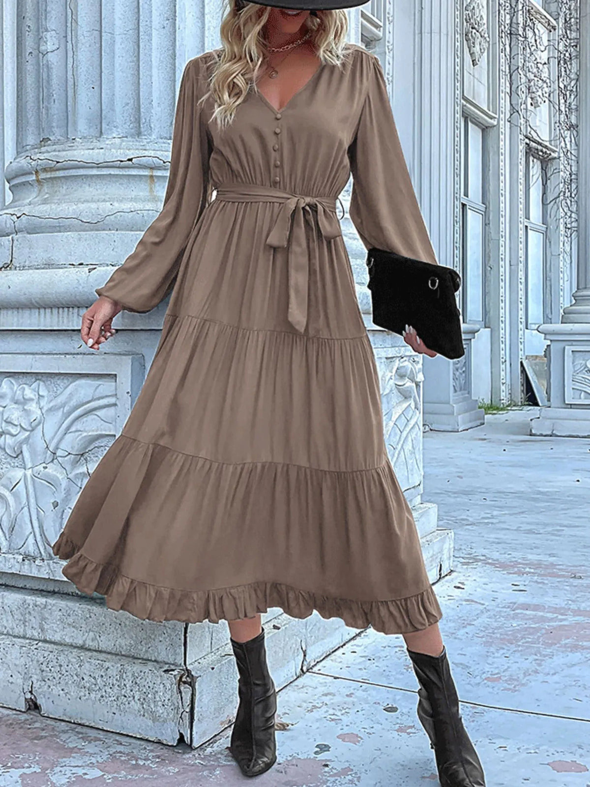 Ruffled Hem V-neck Balloon Sleeve Dress (35)