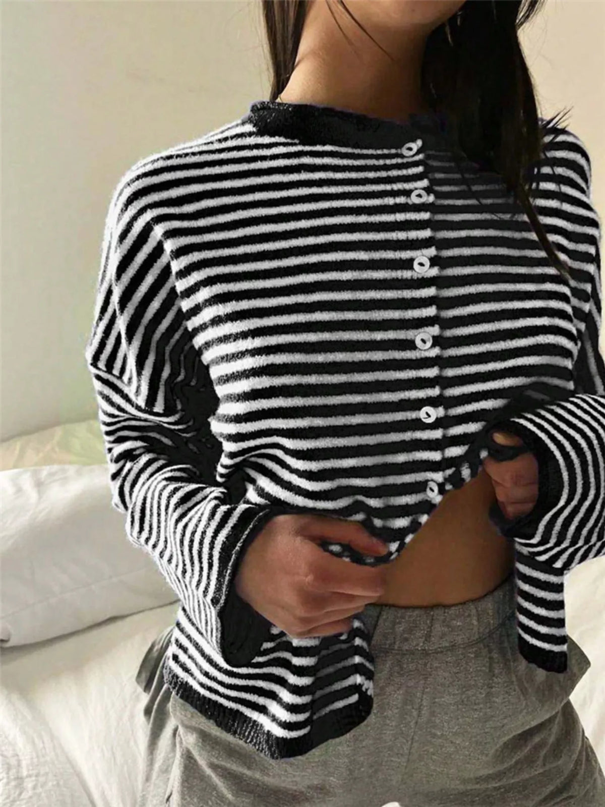 Striped Knit Button Up Cardigan (14)