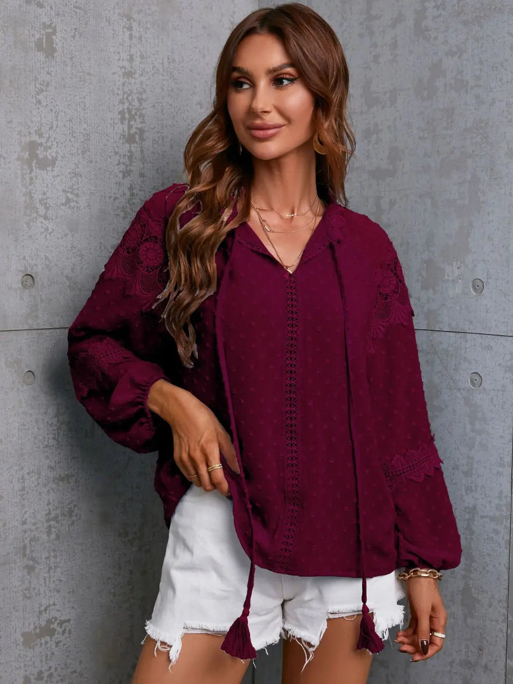 Crochet Tassel Tie Neck Long Sleeve Blouse (3)