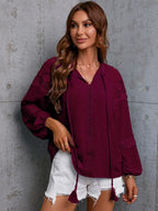 Crochet Tassel Tie Neck Long Sleeve Blouse (3)