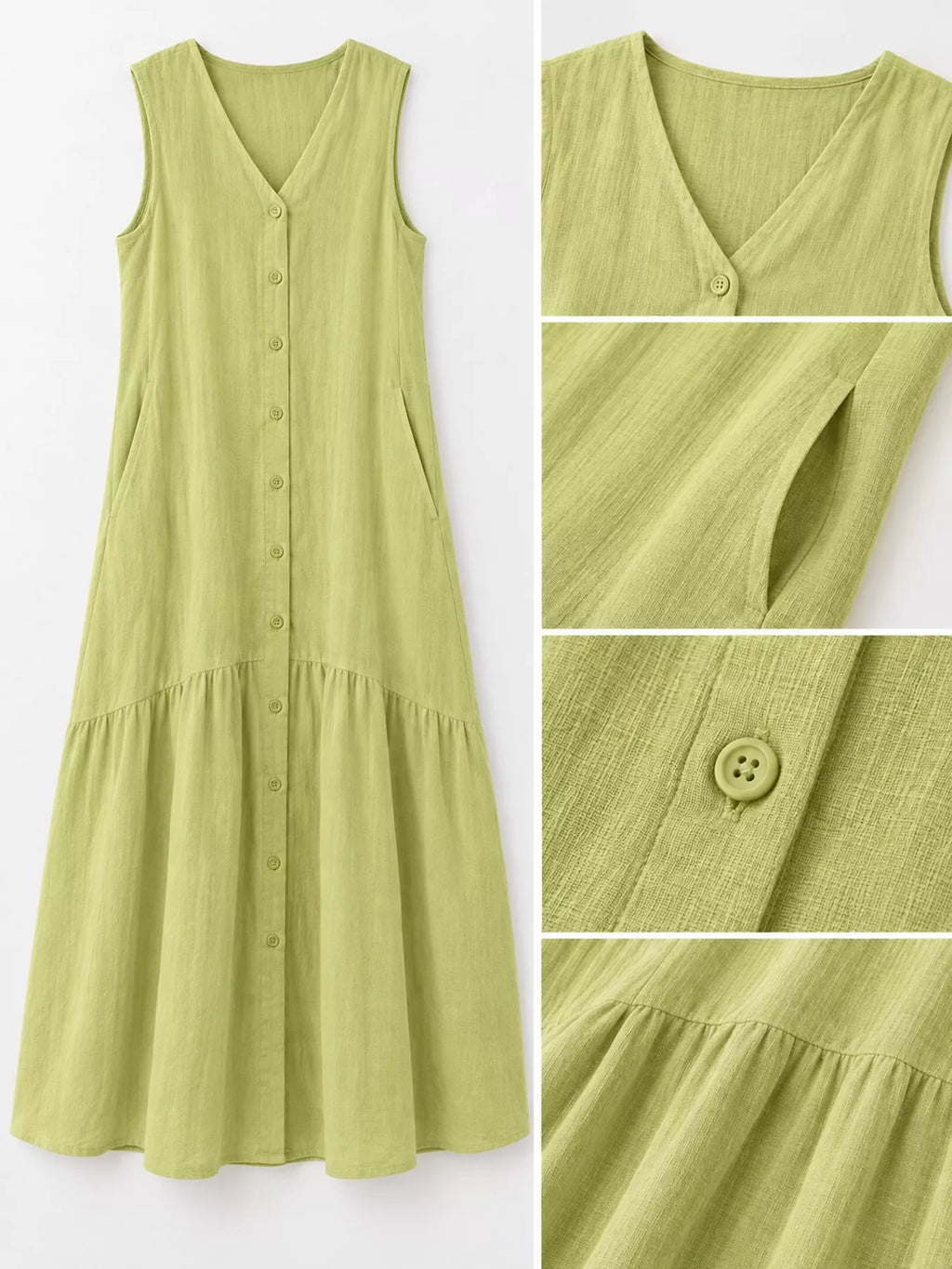Full Size V-neck Button Front Sleeveless Midi Dress Plus (20)