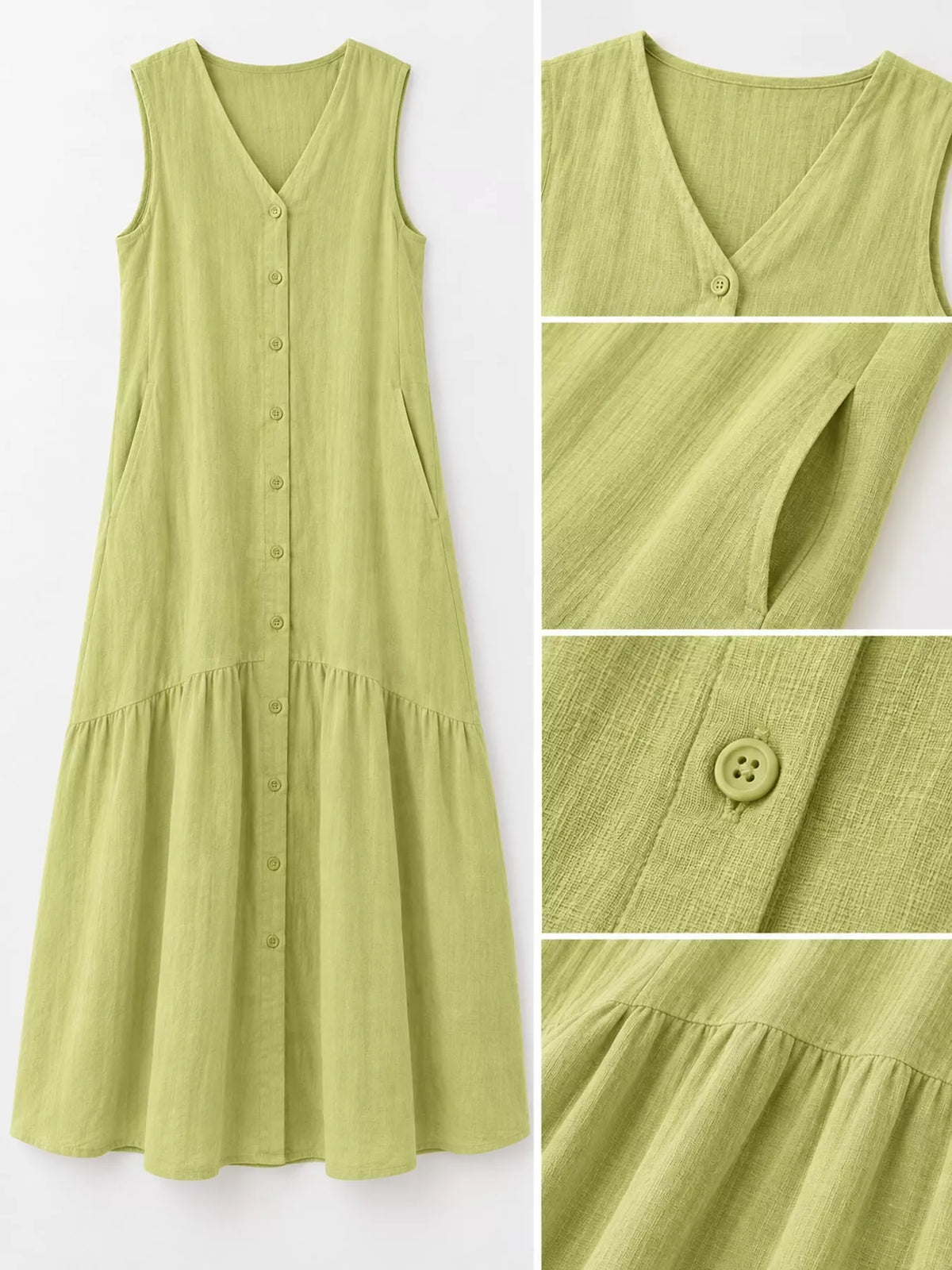 Full Size V-neck Button Front Sleeveless Midi Dress Plus (20)