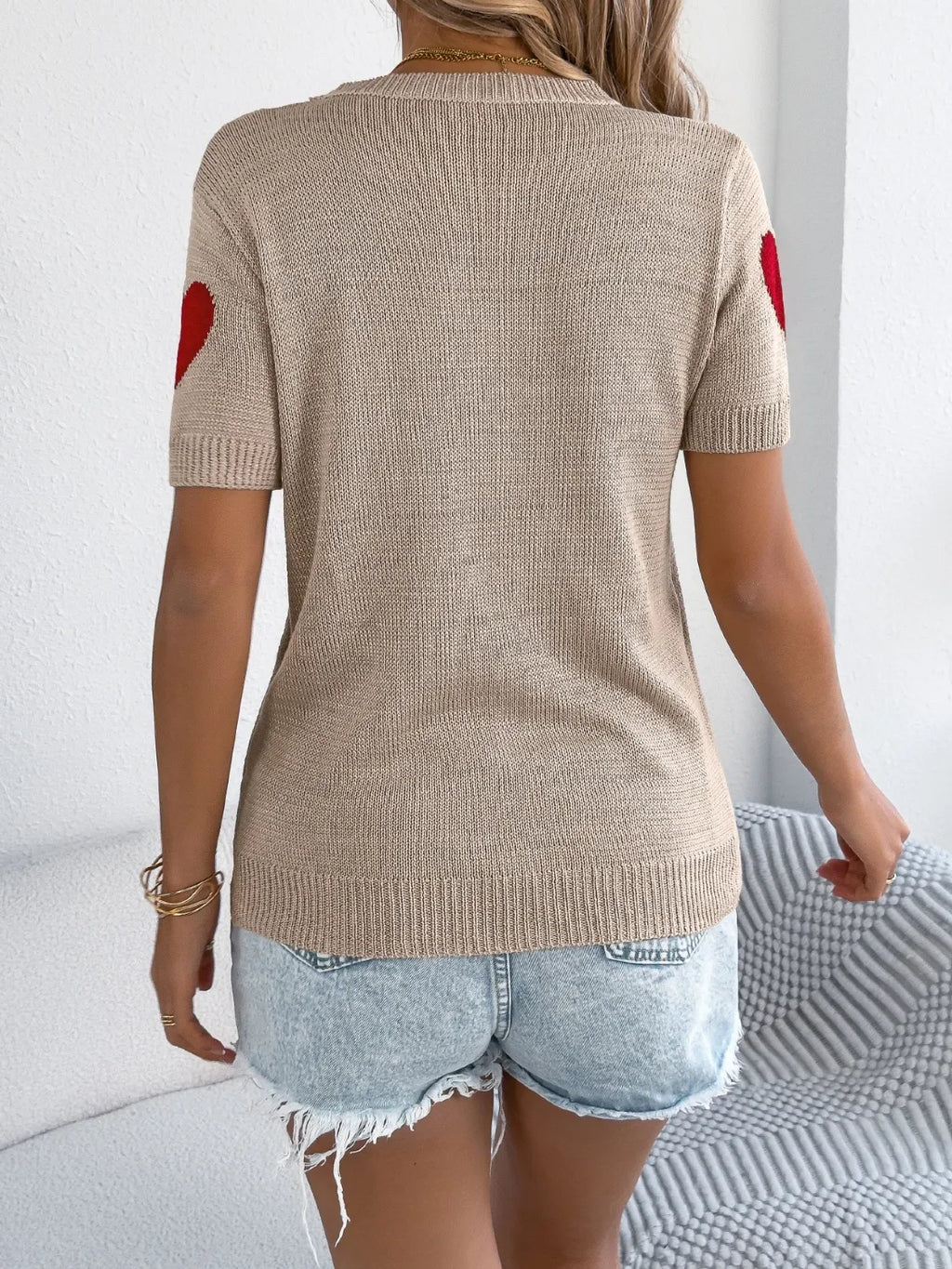Heart Round Neck Short Sleeve Knit Top (16)
