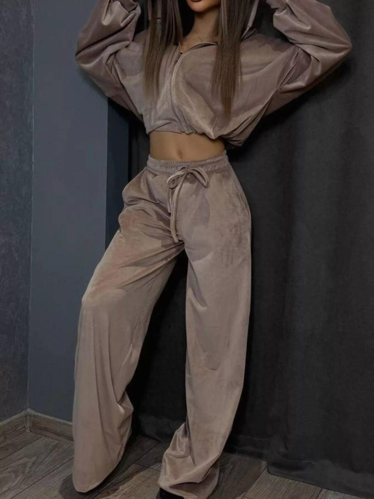 Zip Up Cropped Outerwear Pants Set (23)