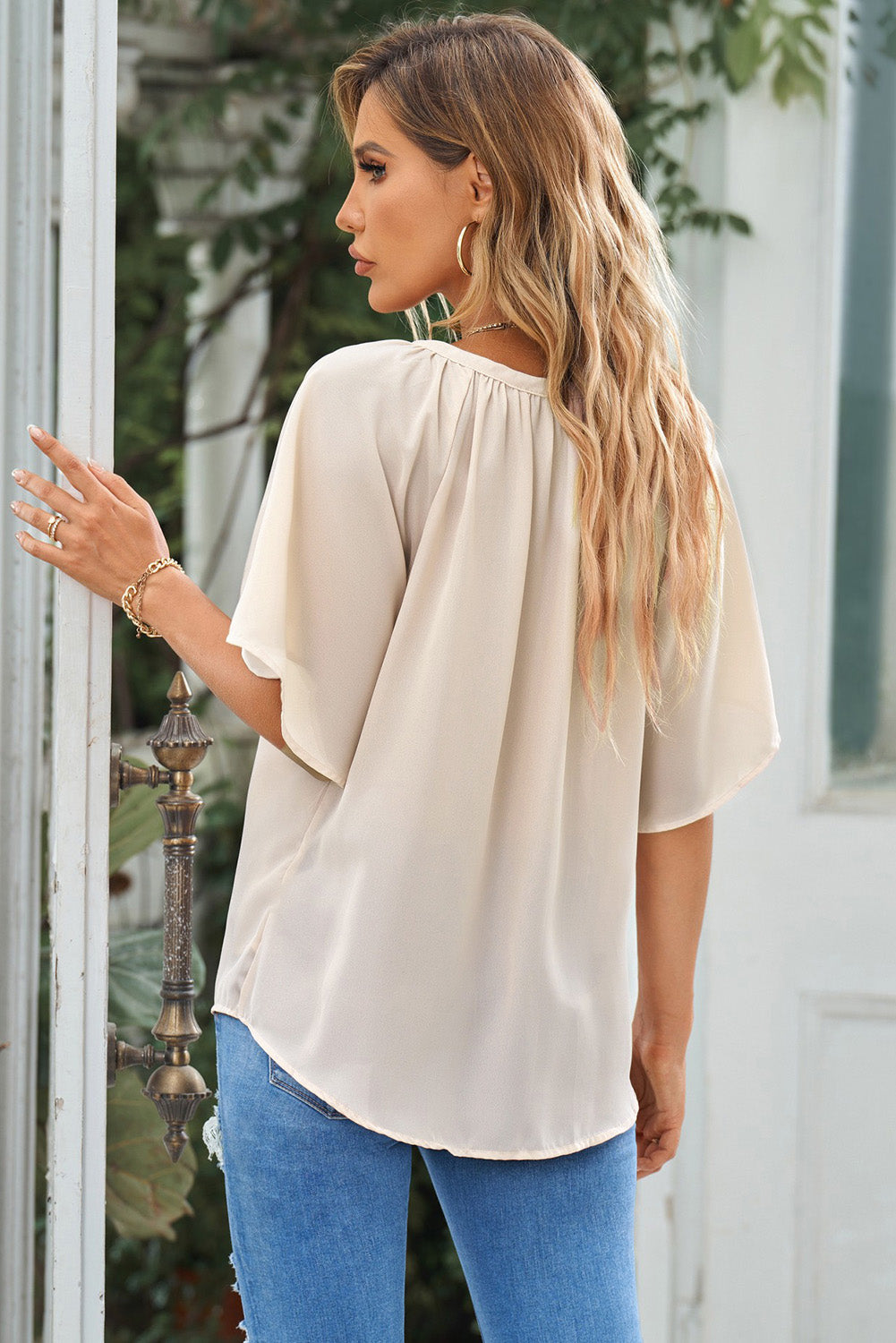 Gathered Detail Notched Neck Flutter Sleeve Top (25)