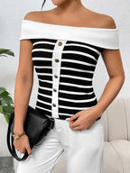 Decorative Button Striped Off-shoulder Knit Top (10)