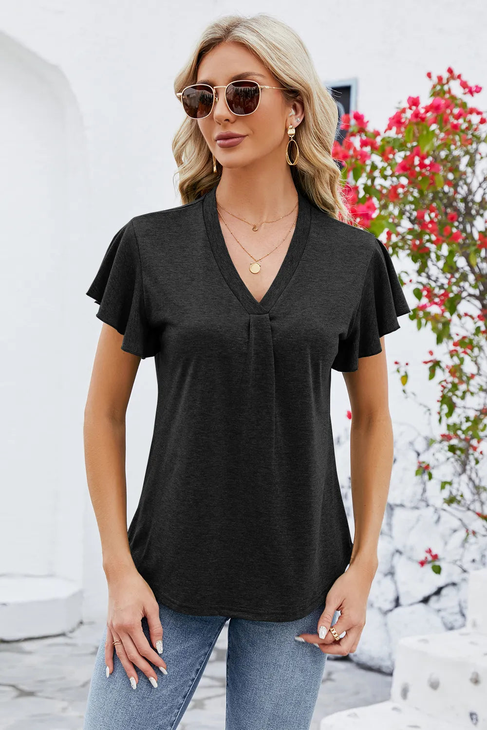 V-neck Flutter Sleeve T-shirt (15)