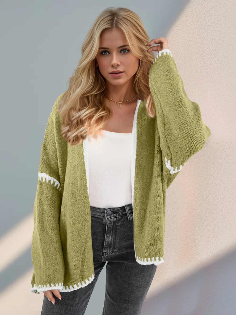 Contrast Open Front Dropped Shoulder Cardigan (5)