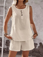Decor Button Round Neck Tank Shorts Set (3)