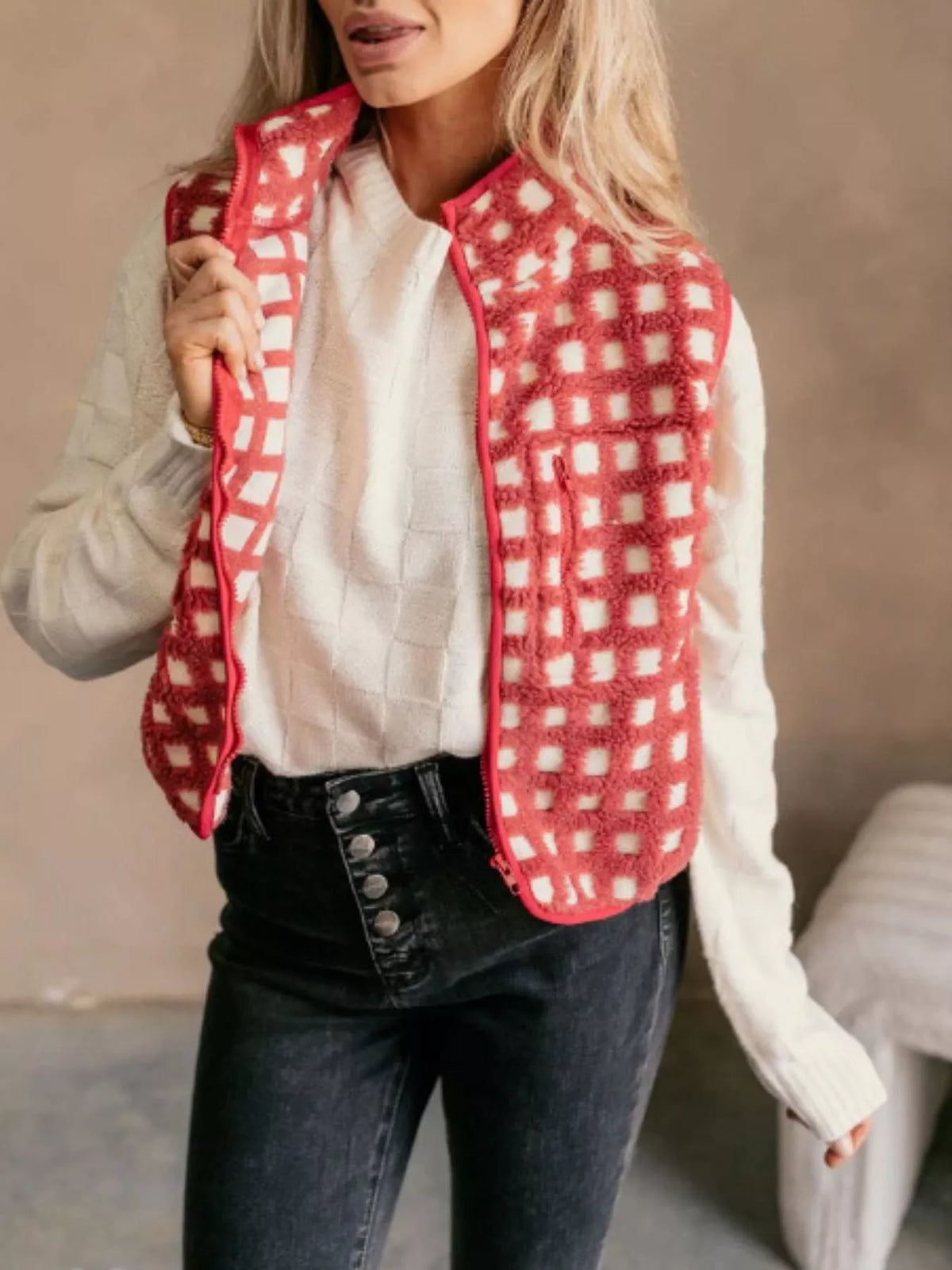 Plaid Zip Up Vest Coat (5)