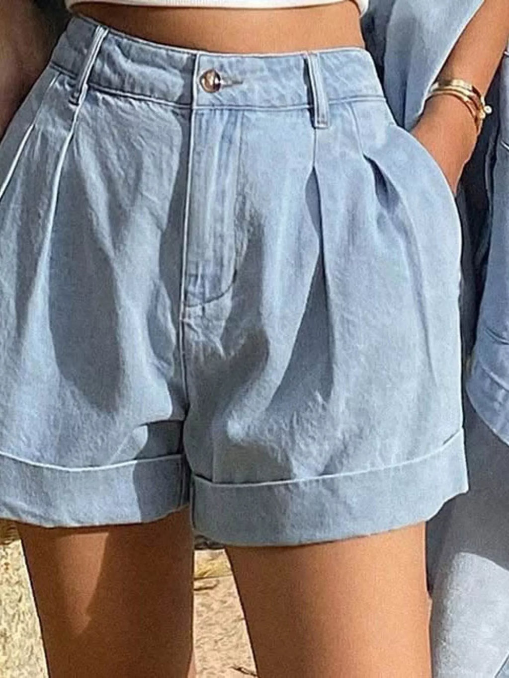 Button Up Long Sleeve Shirt Shorts Denim Set (5)