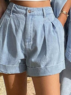 Button Up Long Sleeve Shirt Shorts Denim Set (5)