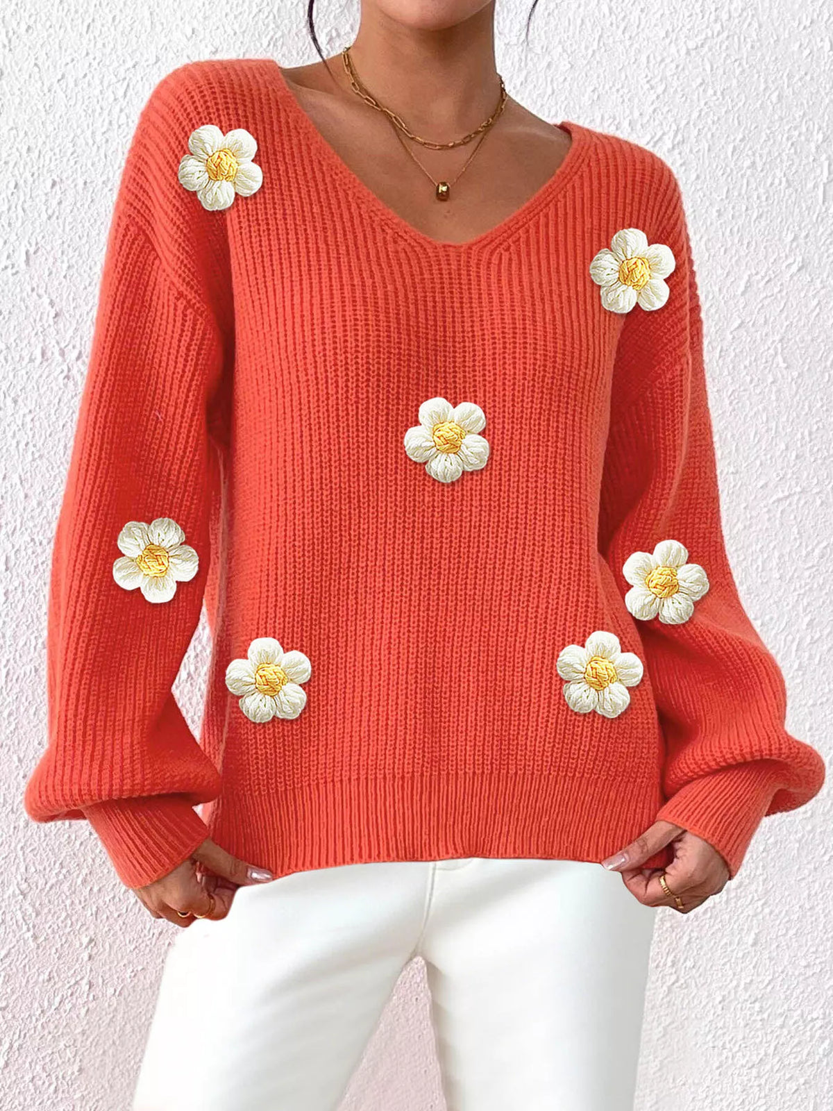 Floral Applique V-neck Sweater (2)