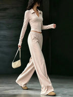 Solid Color Long Sleeve Polo Collar Top Wide Leg Pants Set (4)