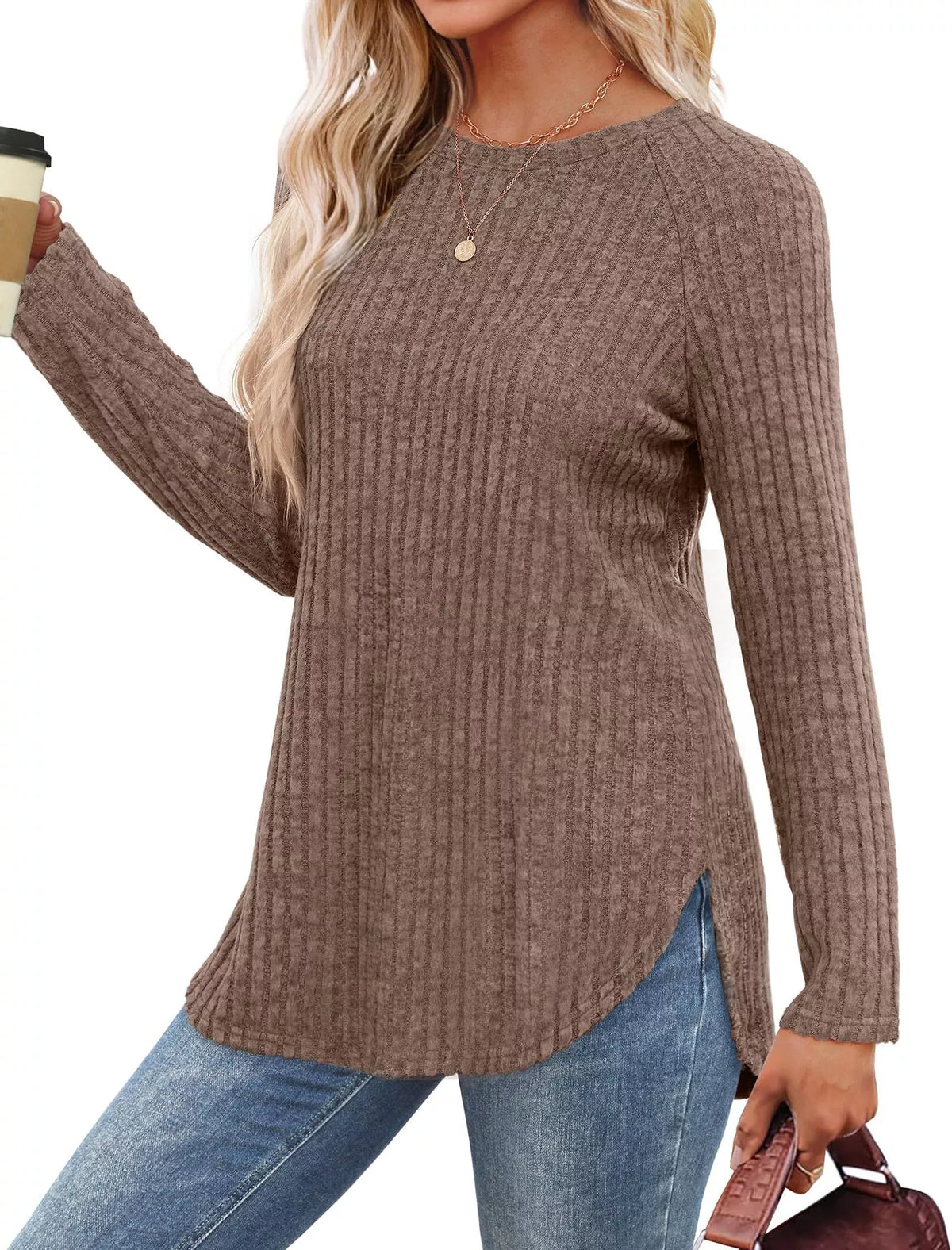 Casual Ribbed Knit Long Sleeve T-shirt (2)