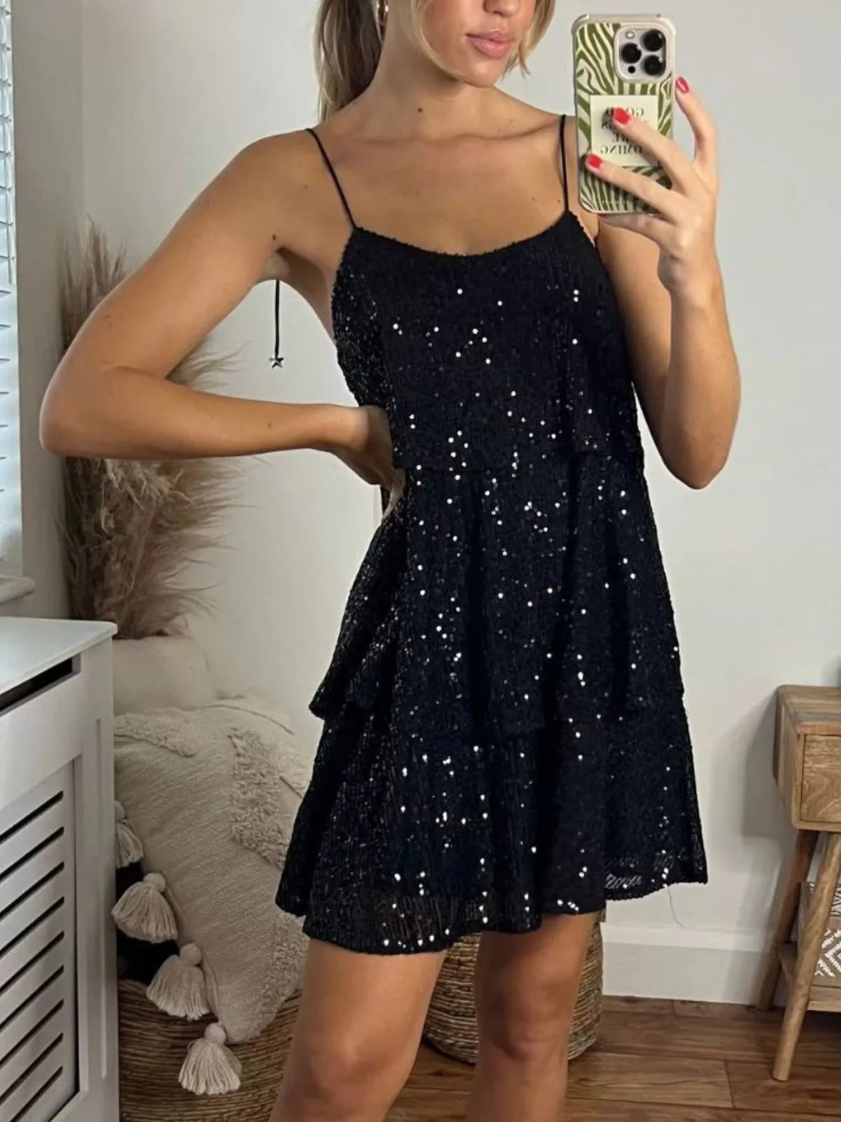 Full Size Sequin Tie Shoulder Mini Dress Plus (14)
