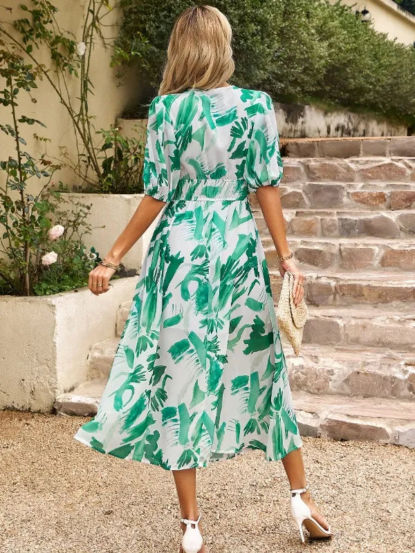 Smocked Printed V-neck Half Sleeve Midi Dress (8)