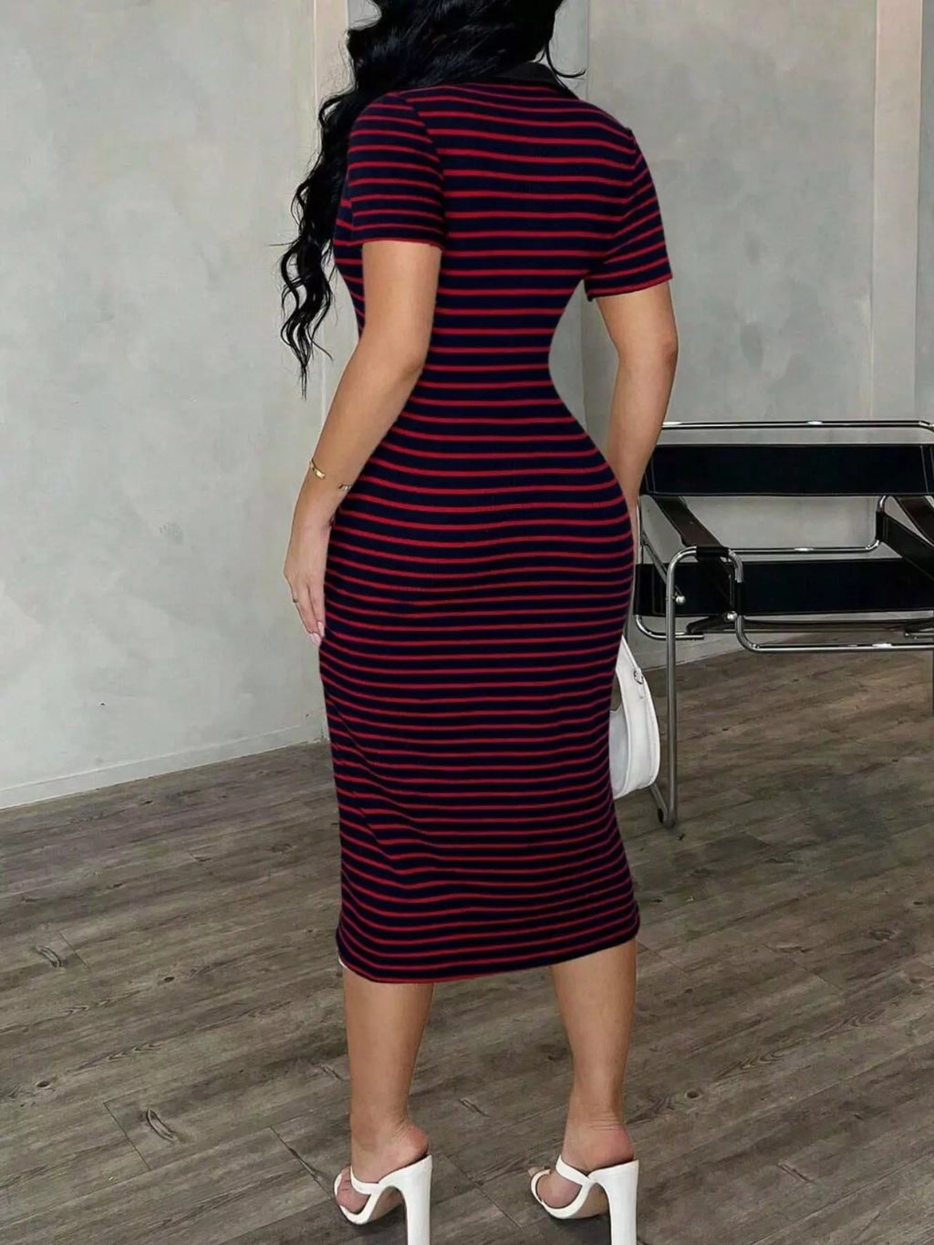 Striped Polo Collar Midi Dress (10)