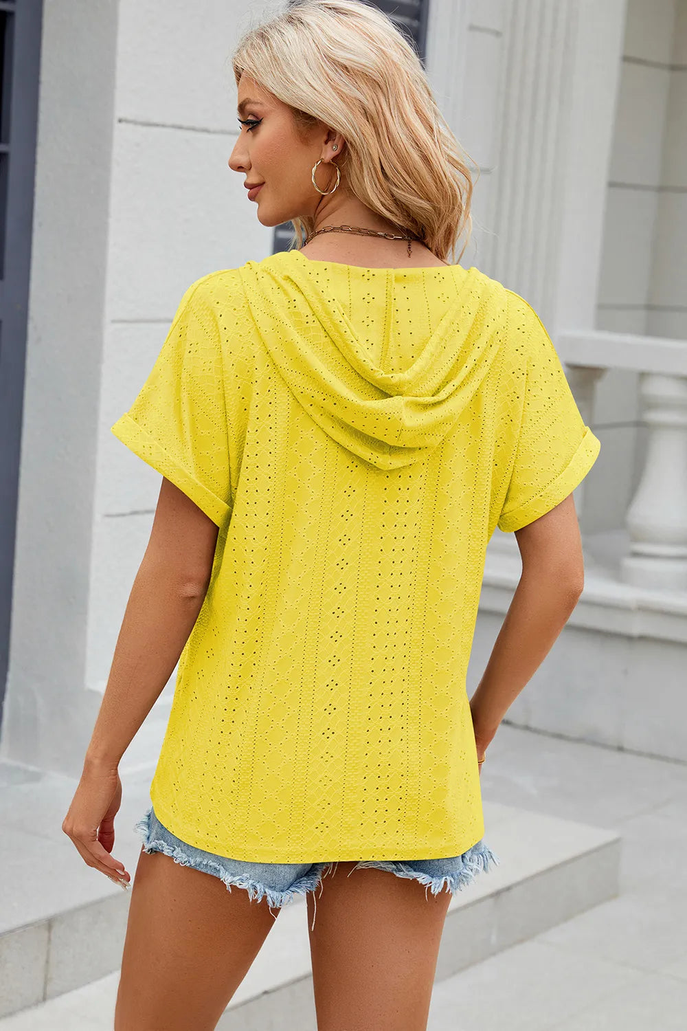 Eyelet Drawstring Hooded Short Sleeve Blouse (28)