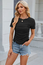 Eyelet Ruched Round Neck Short Sleeve T-shirt (9)