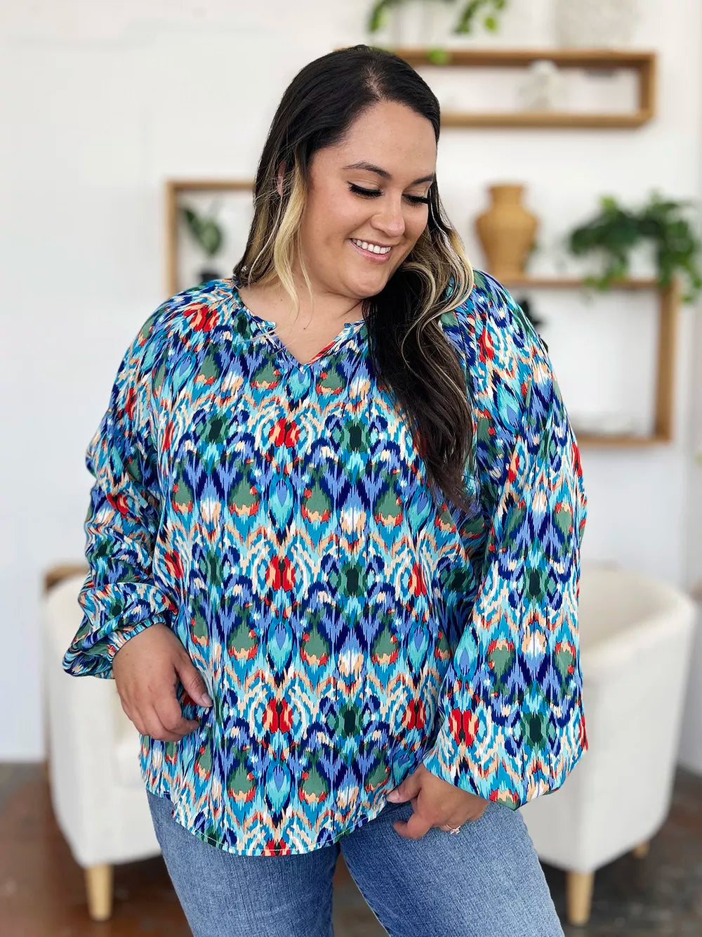 Full Size Printed Balloon Sleeve Blouse (9)