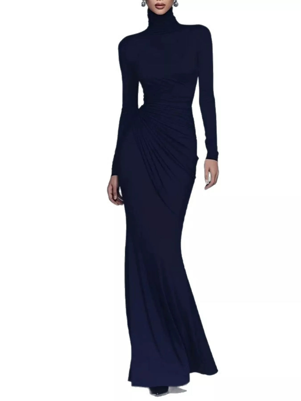 Turtleneck Long-sleeve Ruched Maxi Dress (4)