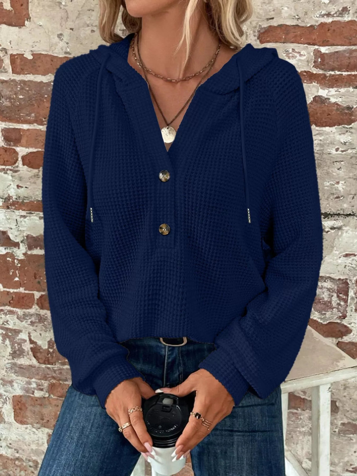Waffle Knit Button Detail Hoodie (10)