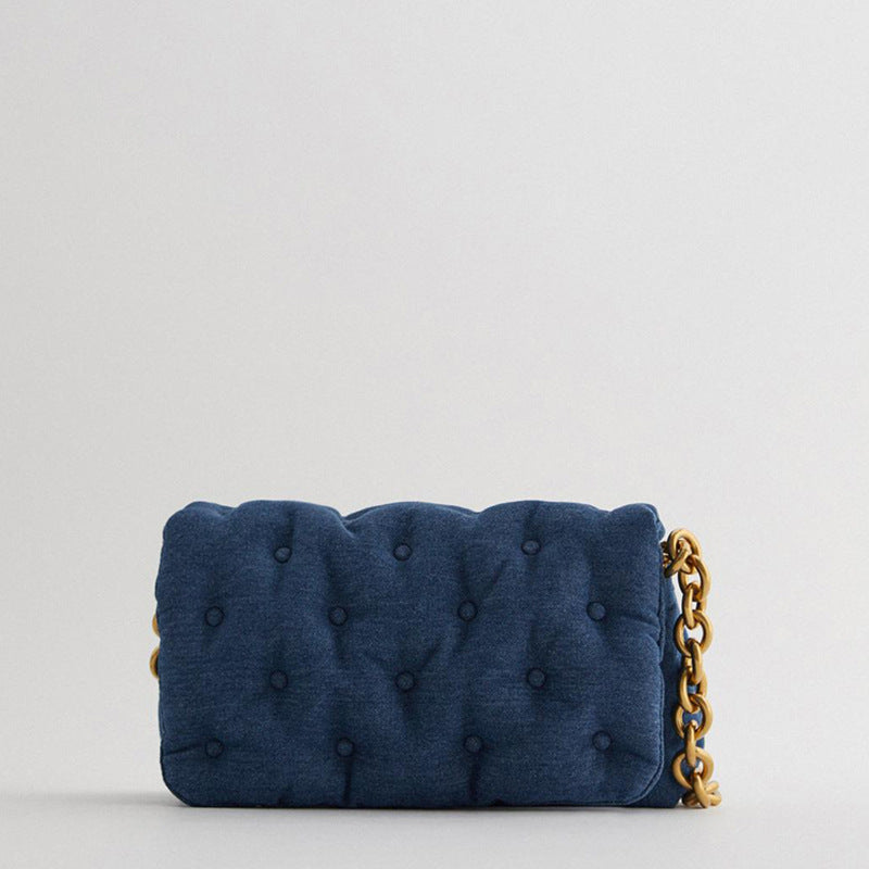 Blue Oversized Denim Quilted Shoulder Messenger Bag Chain photo 5