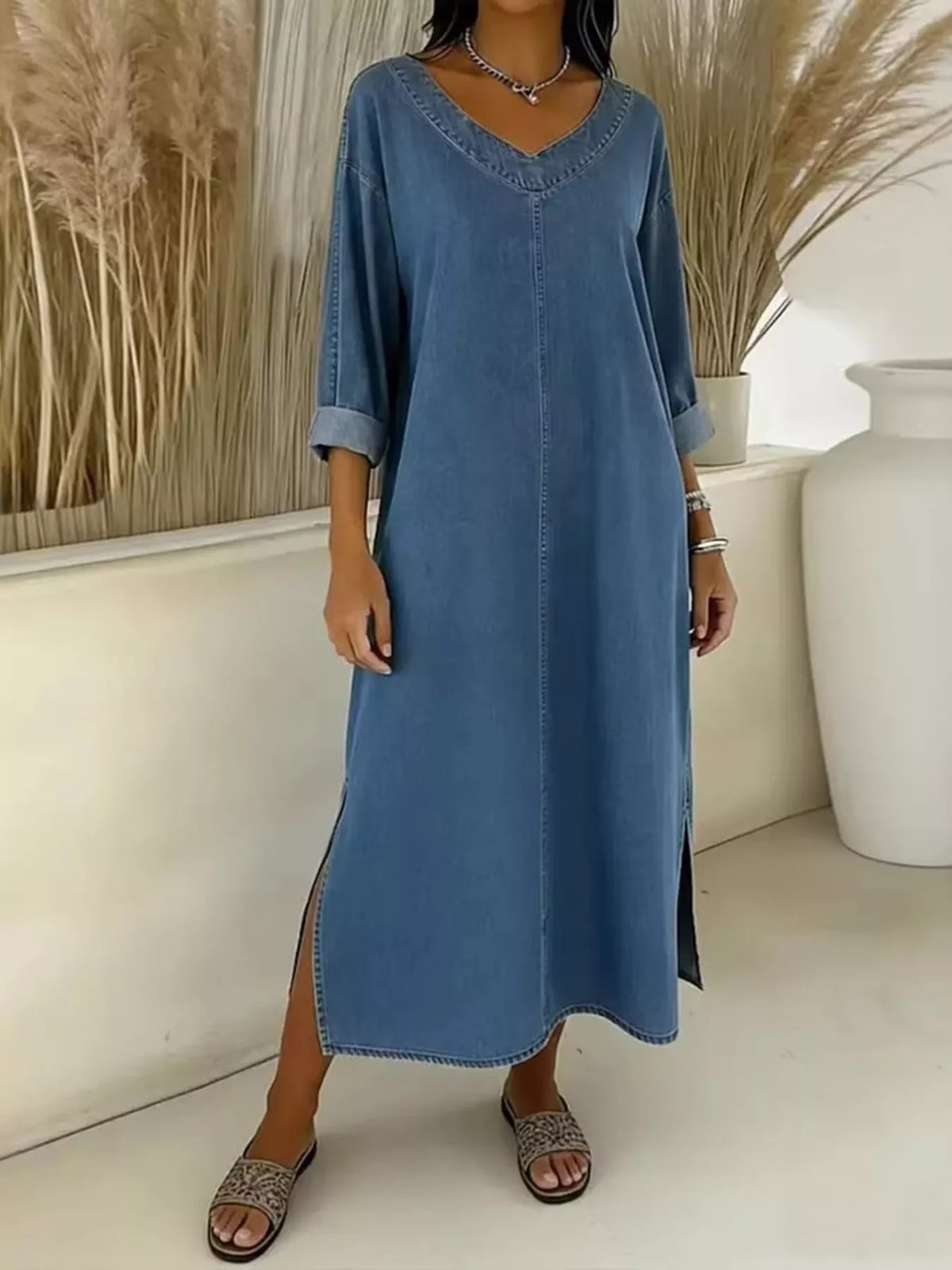 Side Slit V-neck Midi Dress (3)