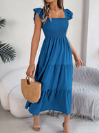 Smocked Square Neck Cap Sleeve Midi Dress (3)