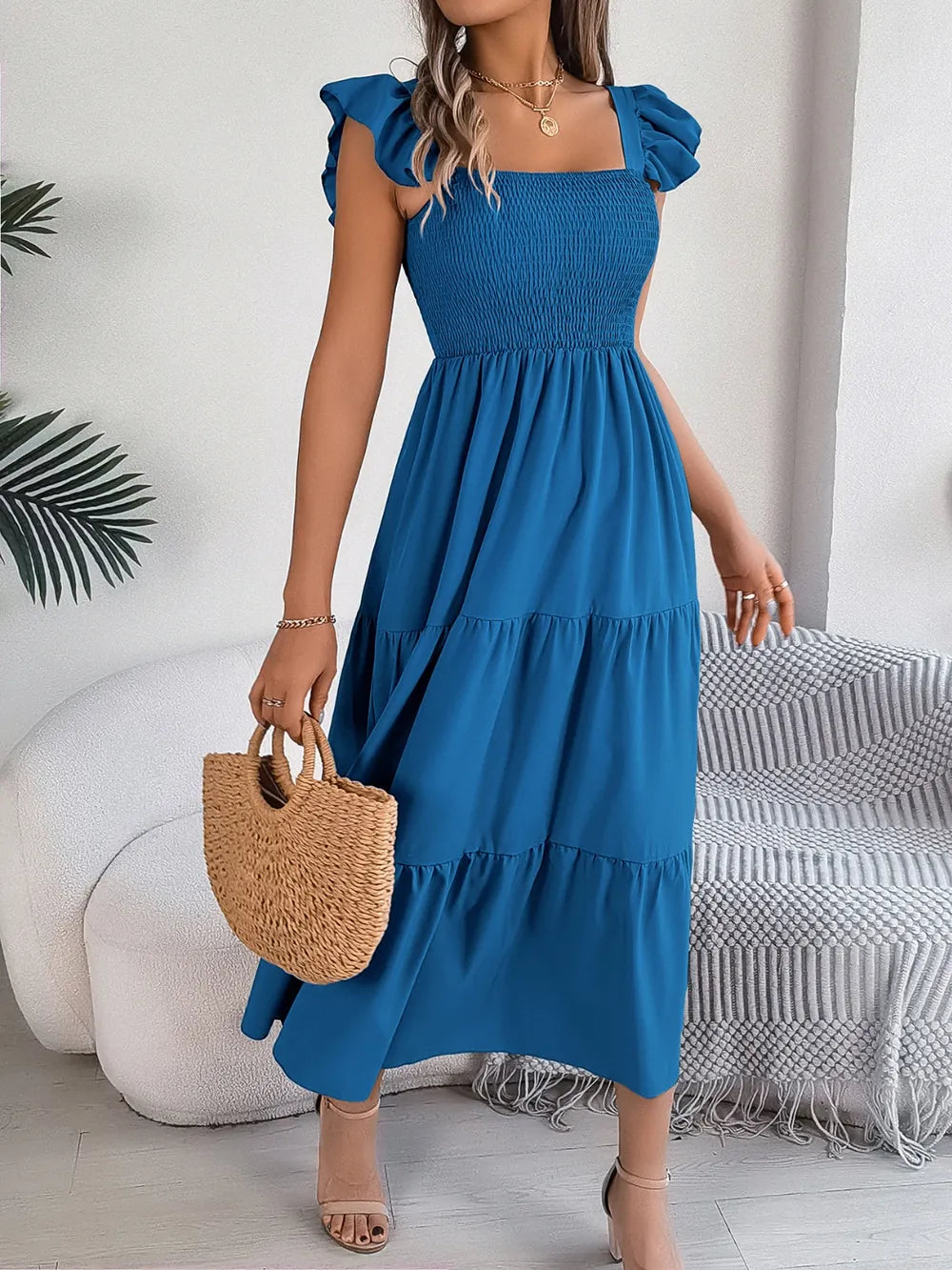 Smocked Square Neck Cap Sleeve Midi Dress (3)