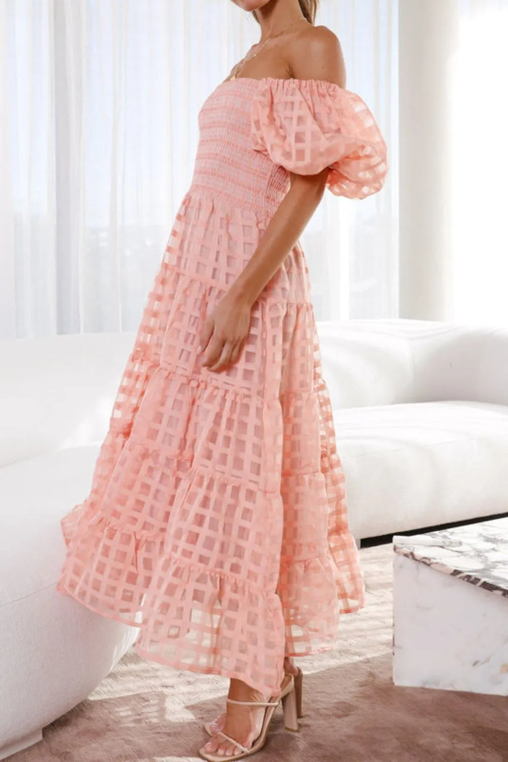 Off Shoulder Short Puff Sleeve Midi Dress (5)