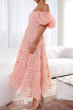 Off Shoulder Short Puff Sleeve Midi Dress (5)
