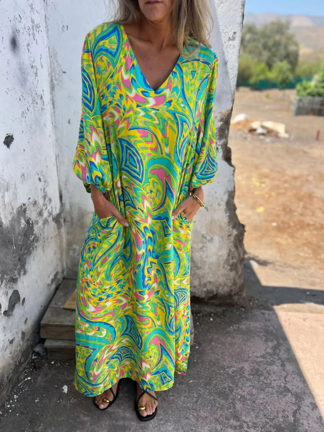 Full Size Printed V-neck Dress Pockets Plus (8)