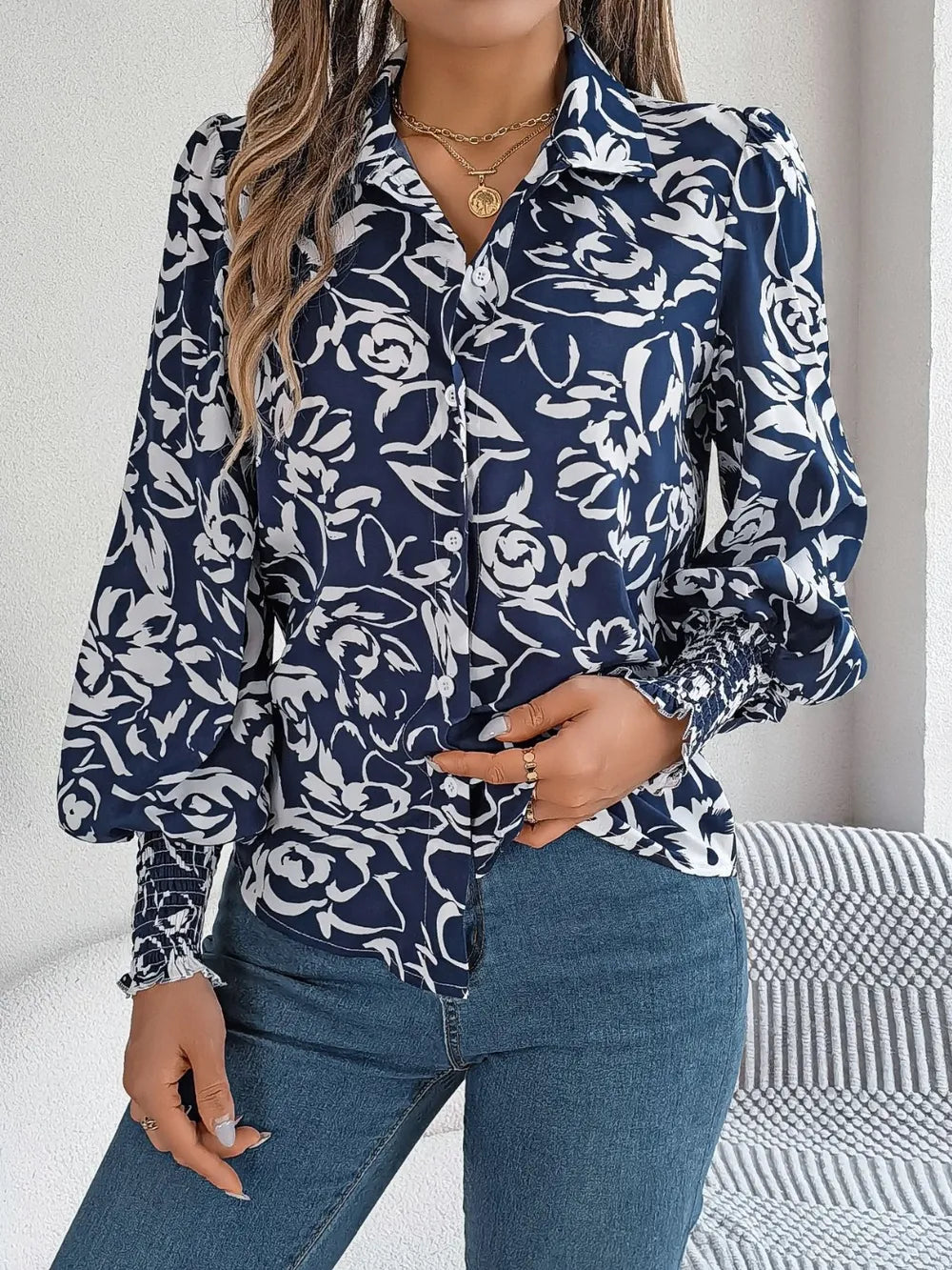 Printed Collared Neck Lantern Sleeve Shirt (17)