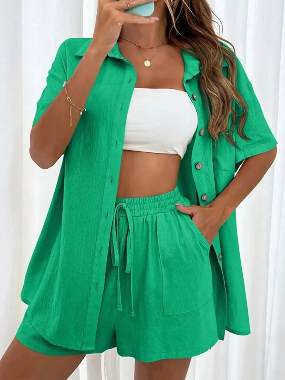 Button Up Shirt Drawstring Shorts Set (23)