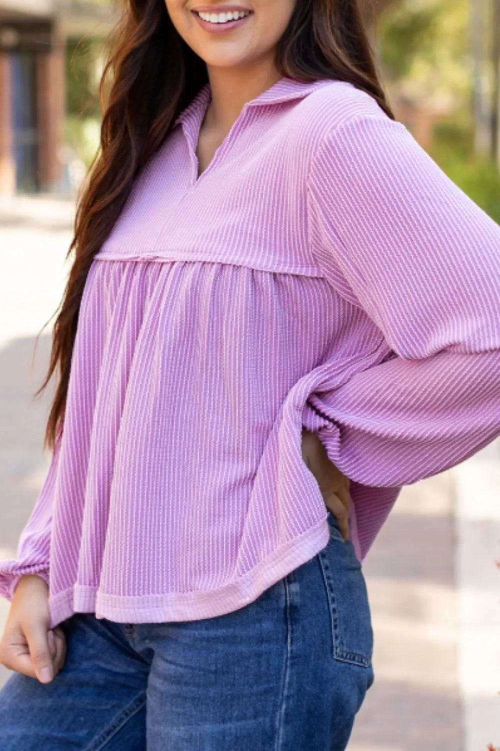 Corded Johnny Collar Long Sleeve Babydoll Blouse (2)