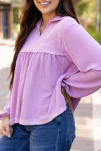 Corded Johnny Collar Long Sleeve Babydoll Blouse (2)