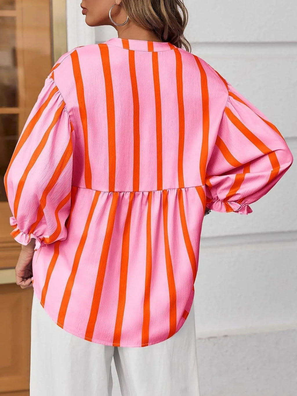 Striped Button Front Notched Blouse (11)
