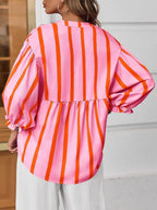 Striped Button Front Notched Blouse (11)