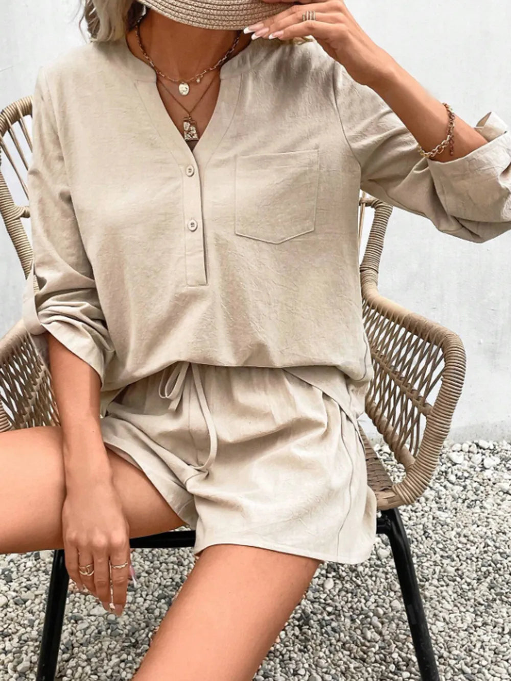 Notched Long Sleeve Top Shorts Set (4)