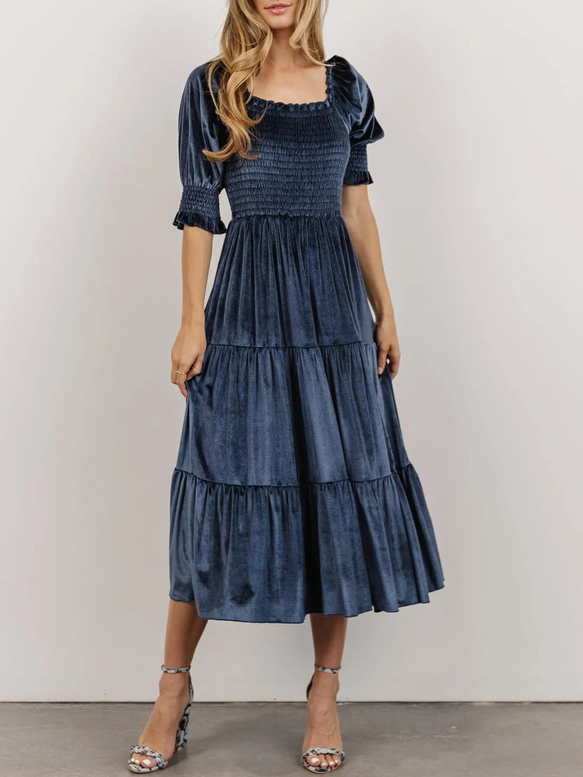 Smocked Half Sleeve Tiered Midi Dress (2)