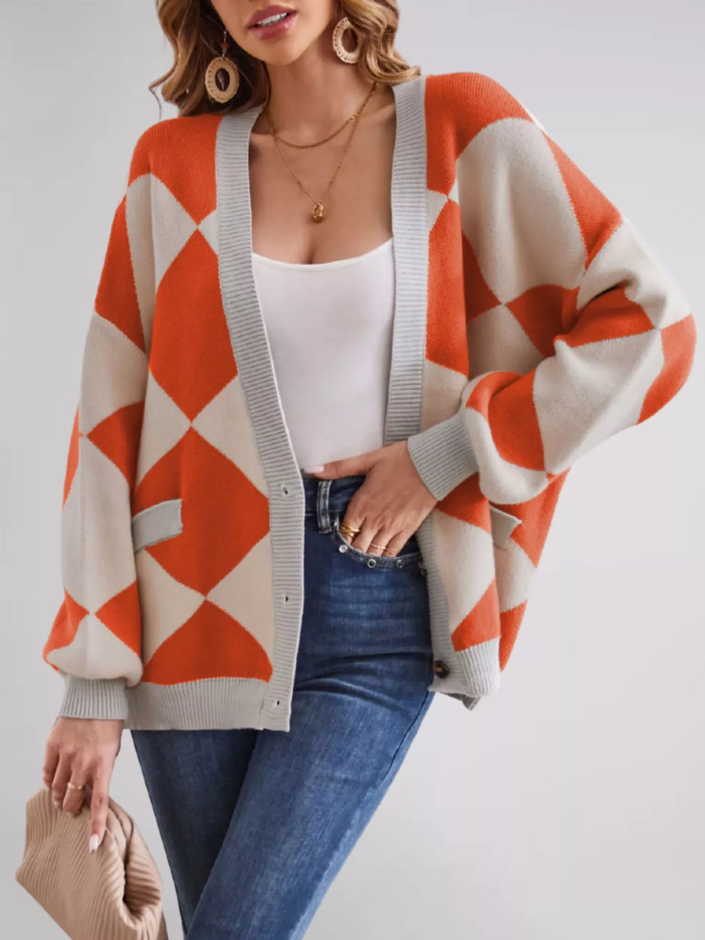 Diamond Pattern Button-up Knit Cardigan (21)